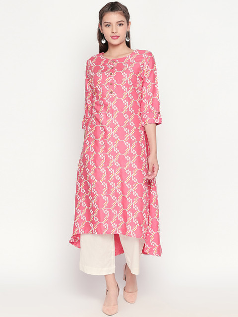 

RANGMANCH BY PANTALOONS Women Coral Pink & White Printed Straight Kurta