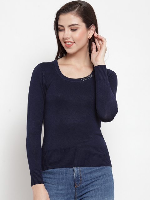 Everlush Women Navy Blue Solid Wool Sweater