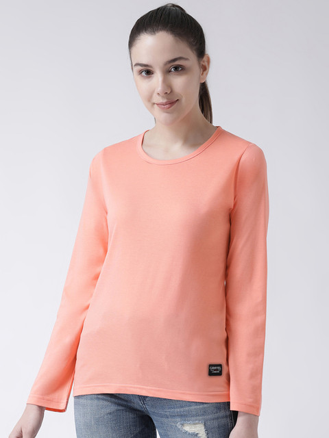 

GRIFFEL Women Peach-Coloured Solid Round Neck T-shirt