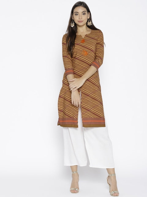 

Cottinfab Women Maroon & Beige Checked Straight Kurta