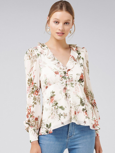 

Forever New Women Beige & Green Printed Empire Top