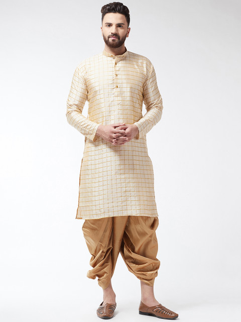 

SOJANYA Men Beige & Gold-Toned Self Design Kurta with Dhoti Pants