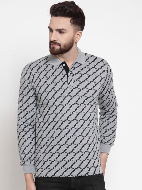 

WILD WEST Men Grey & Black Printed Polo Collar T-shirt
