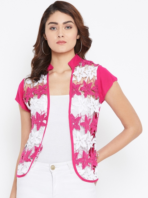 

FIZERA Women Pink & White Self Design Open Front Lace Shrug