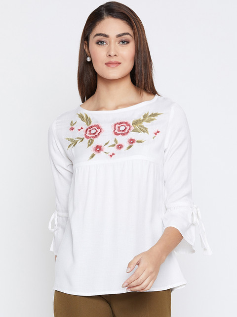 

FIZERA Women White Solid Top with Embroidered Detail