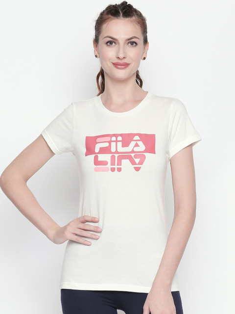 

FILA Women Off-White & Pink Printed Round Neck T-shirt