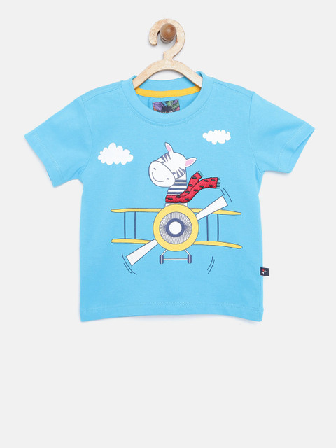 

Nauti Nati Boys Blue Printed Round Neck Pure Cotton T-shirt