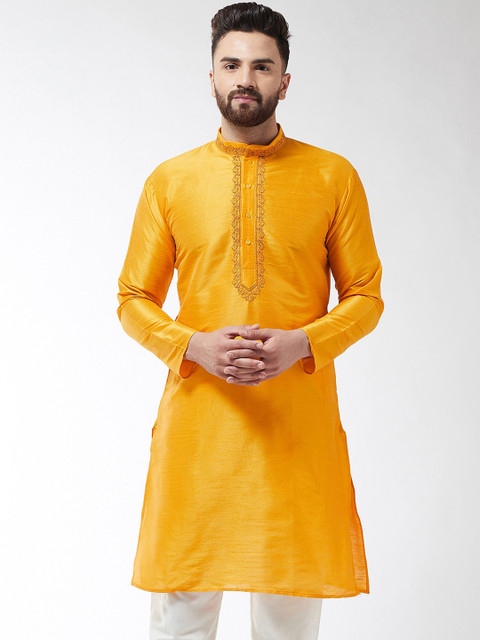 

SOJANYA Men Mustard Yellow Yoke Design Straight Kurta