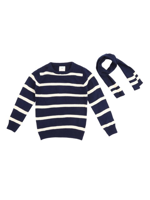 

Pantaloons Junior Boys Navy Blue & White Striped Sweater With A Scarf