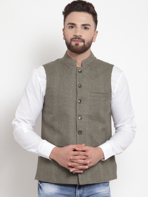 

NEUDIS Men Grey Woven Design Nehru Jacket, Green