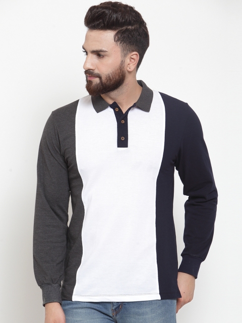 

Kalt Men White & Navy Blue Colourblocked Polo Collar T-shirt