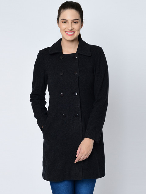 

Owncraft Women Charcoal Black Solid Wool Overcoat