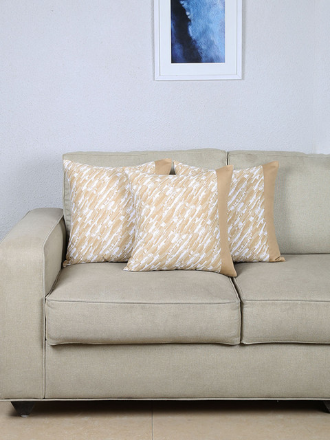 

House This Beige & White Set of 3 Self Design Square Cushion Covers