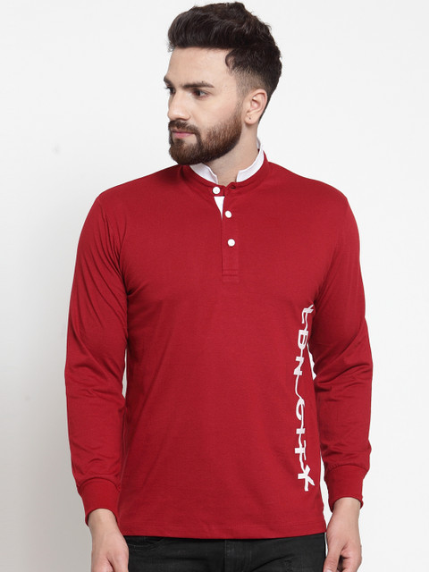 

WILD WEST Men Red Printed Mandarin Collar T-shirt