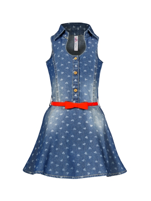 

naughty ninos Girls Blue Printed Denim Fit and Flare Dress