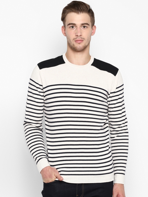 

Red Tape Men Cream-Coloured & Navy Blue Striped Sweater