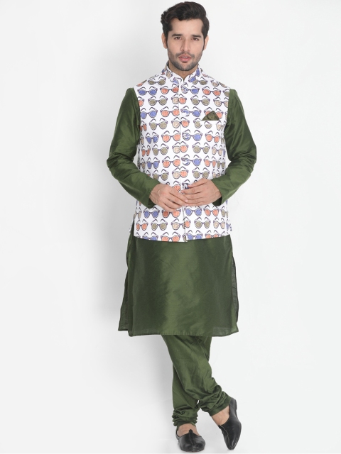 

VASTRAMAY Men Green & White Solid Kurta And Pyjamas With Jacket