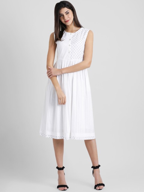 

Aayna Women White Printed Embroidered Fit and Flare Dress