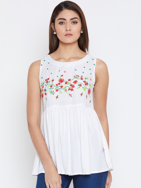

FIZERA Women White Top with Floral Embroidery