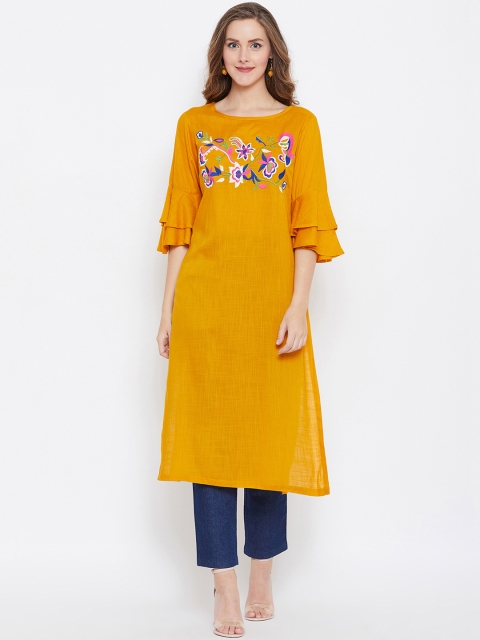 

Fizera Women Mustard Yellow Floral Embroidered Straight Kurta