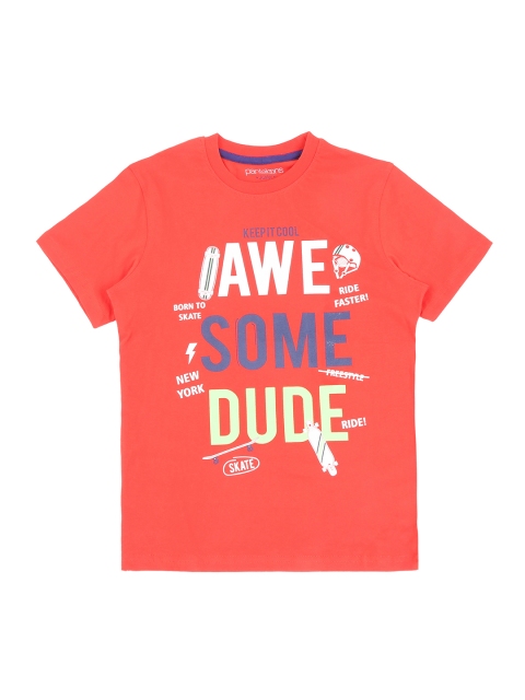 

Pantaloons Junior Boys Coral Red Printed Round Neck Pure Cotton T-shirt