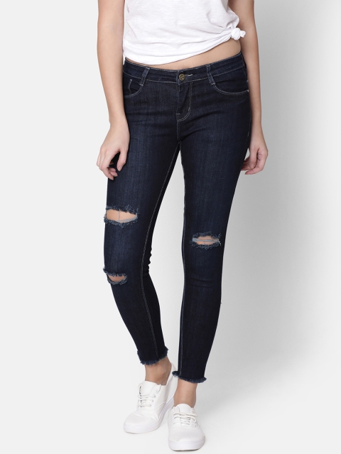 

ZHEIA Women Navy Blue Skinny Fit Mid-Rise Slash Knee Cropped Stretchable Jeans