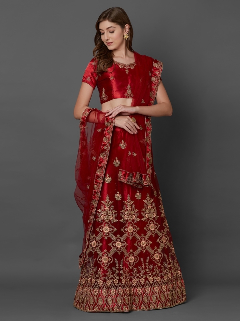 

Mitera Maroon & Beige Embroidered Semi-Stitched Lehenga & Blouse with Dupatta