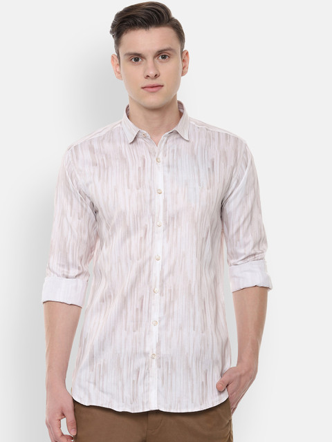 

V Dot Men Beige & White Slim Fit Printed Casual Shirt