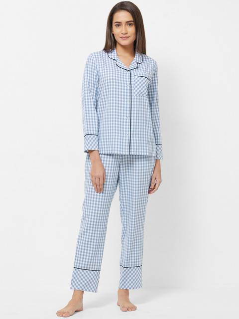 

Mystere Paris Women Blue & White Checked Night Suit