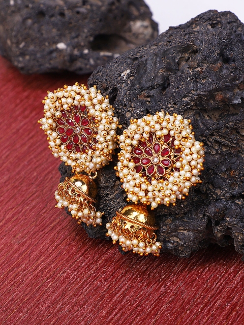 

Shining Diva Gold-Plated & White Pearl Studded Dome Shaped Jhumkas