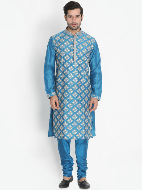 

VASTRAMAY Men Turquoise Blue Embroidered Kurta with Pyjamas