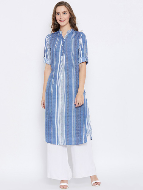 

Fizera Women Blue & White Striped Straight Kurta
