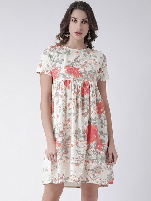 

pinwheel Women Off-White & Coral Pink Floral Print Empire Dress