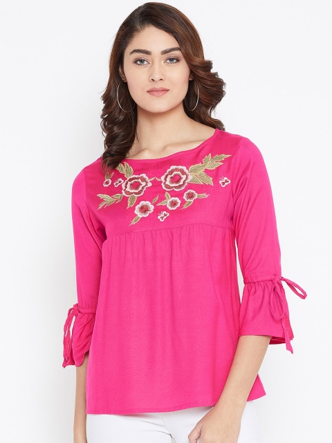 

FIZERA Women Pink Solid A-Line Top with Embroidered Detail