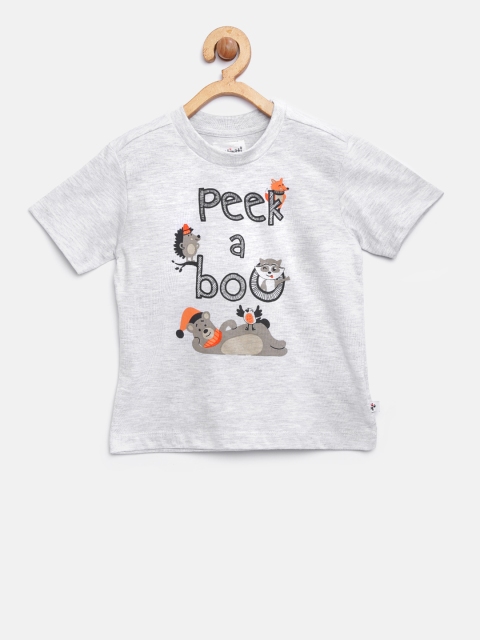 

Nauti Nati Boys Grey Melange Printed Round Neck Pure Cotton T-shirt