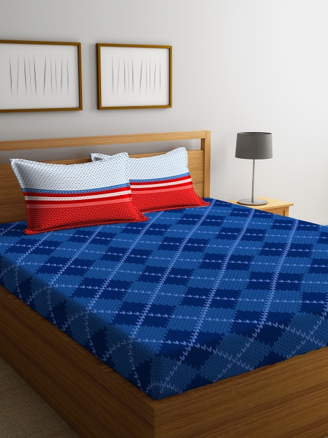 

STELLAR HOME Blue Geometric 104 TC Cotton 1 Queen Bedsheet with 2 Pillow Covers