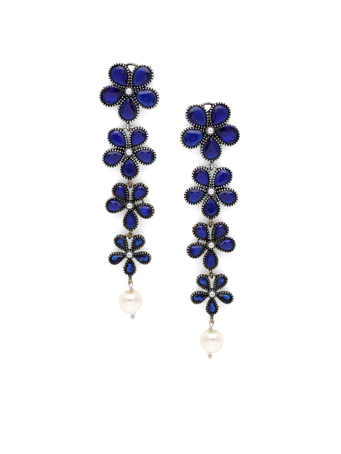 

Fabstreet Oxidised Silver -Plated & Blue Floral Drop Earrings