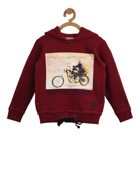 

Stupid Cupid Boys Maroon Printed Hooded Sweatshirt