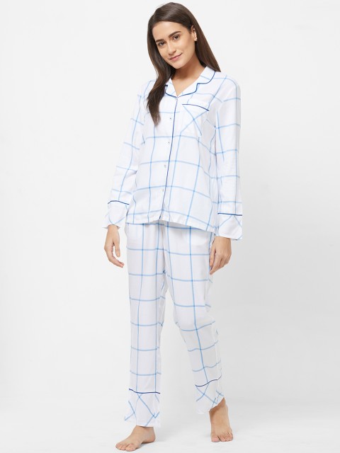

Mystere Paris Women White & Blue Checked Night suit J408A