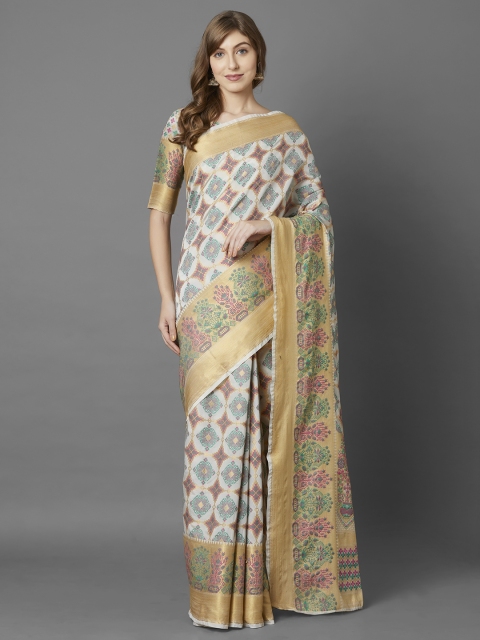 

Mitera Off-White & Teal Green Silk Blend Woven Design Banarasi Saree