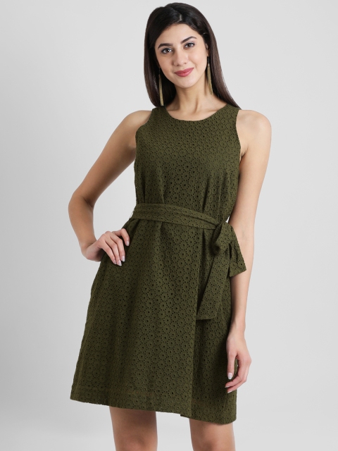 

Aayna Women Olive Green Schiffli Embroidered Fit and Flare Dress