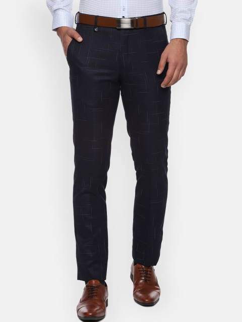 

V Dot Men Navy Blue Skinny Fit Self Design Formal Trousers