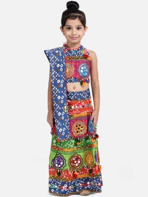 

BownBee Girls Blue & Green Embellished Ready to Wear Lehenga & Blouse with Dupatta