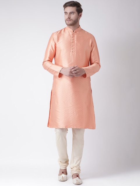 

DEYANN Men Pink & Cream-Coloured Self Design Kurta with Churidar