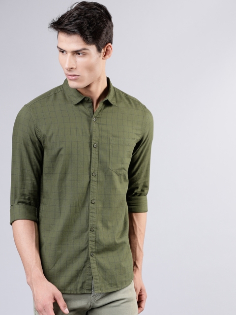 

HIGHLANDER Men Olive Green & Navy Blue Slim Fit Checked Casual Shirt
