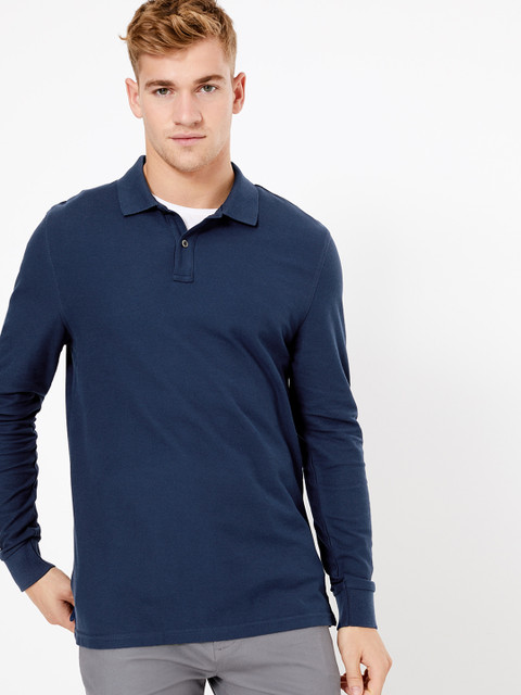 

Marks Spencer Men Navy Blue Solid Polo Collar Pure Cotton T-shirt