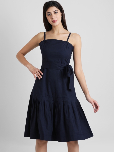 

Aayna Women Solid Navy Blue Fit and Flare Dress