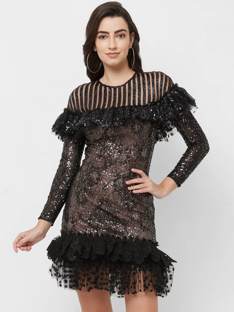 

bebe Women Self Design Black Drop-Waist Dress