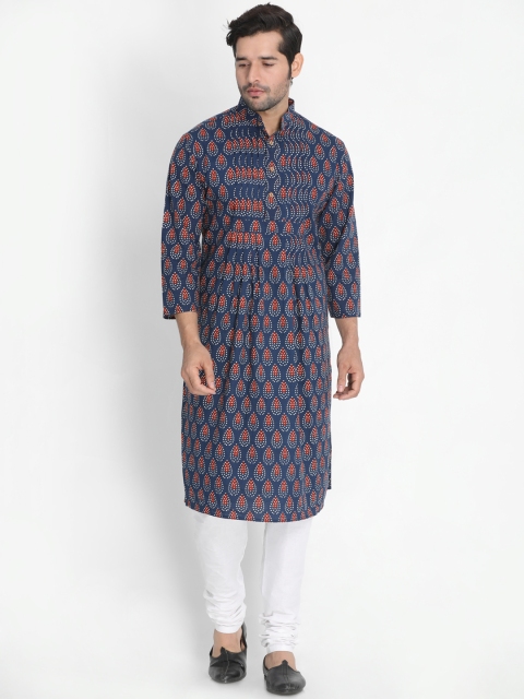 VASTRAMAY Men Navy Blue & White Printed Kurta with Pyjamas