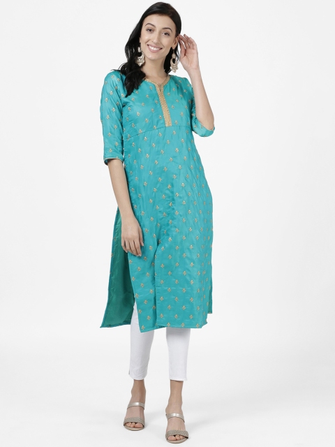 

Heart of Gold Women Turquoise Blue & Gold-Toned Embroidered Straight Kurta